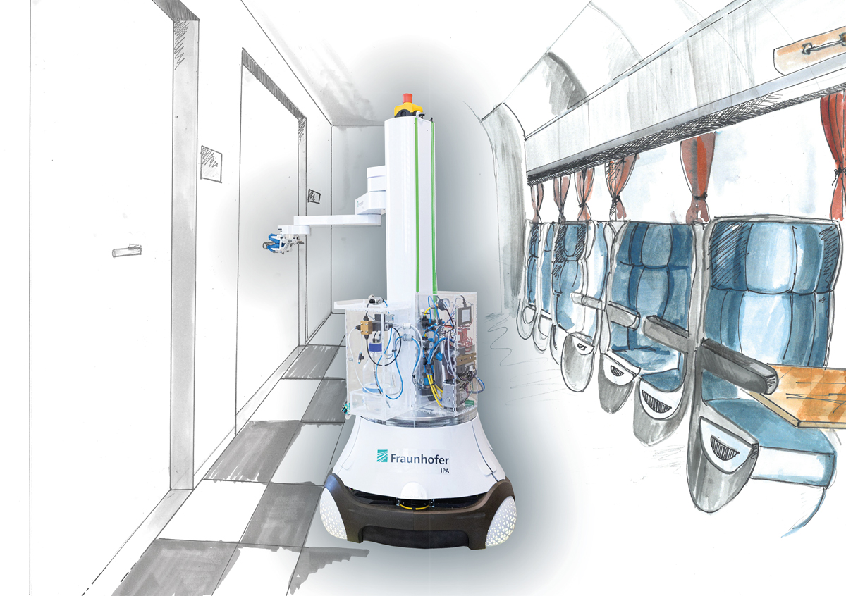 In the “MobDi” project, disinfection robots are being developed for use both in buildings (left side) and in transportation (right side).