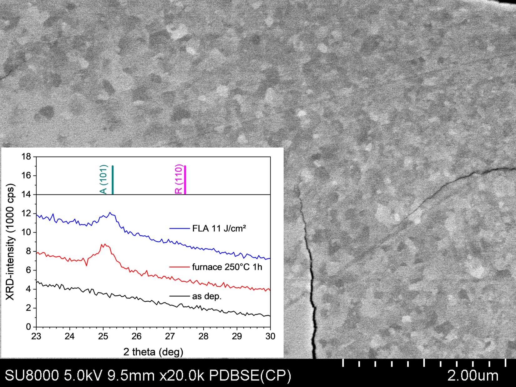 Mittels FLA kristallisierte Titandioxid-Dünnschicht auf temperaturstabilem Polymer. Inlay: XRD-Messung zeigt die anatase Phase