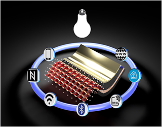 Figure 2: Concept schematics showing a flexible perovskite photovoltaic cell illuminated by an indoor lamp able to generate significant power for a wide variety of devices including autonomous wireless sensors, low-power consumer electronics, smart homes, and the Internet of Things.