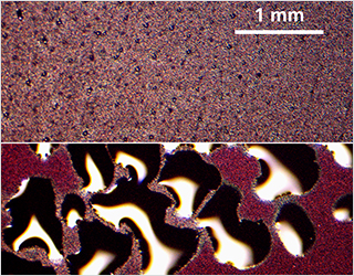 Top: Light microscopic image of initial condensation nuclei on a superhydrophilic ceramic surface. Bottom: Residual wetting just before drying